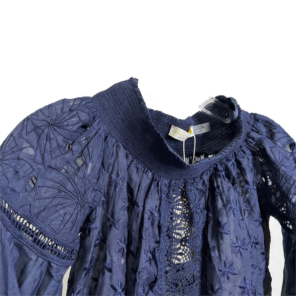 Ramy Brook Women's Sz XS Blouse Navy‎ Lace Ruffle Sleeves Off The Shoulder NWT - Picture 3 of 11